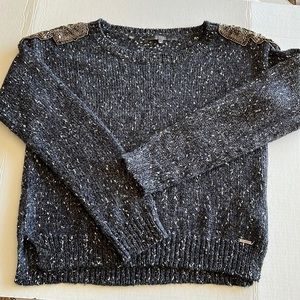 GUESS Navy & Silver Sweater with Beaded Shoulder Appliques